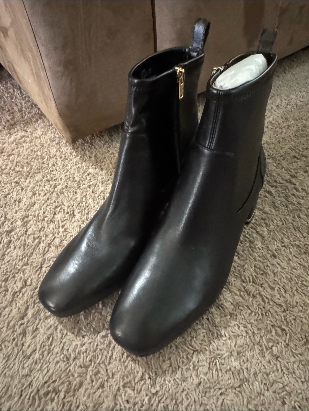 COACH Black Leather Ankle Booties Signature C Jacquard Block Heel Gold Detail